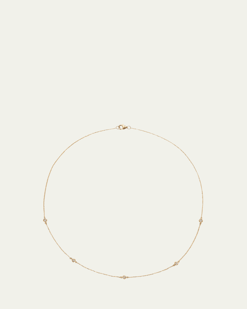14K Yellow Gold Station Necklace with Rolo Chain and White Diamonds, 15"L